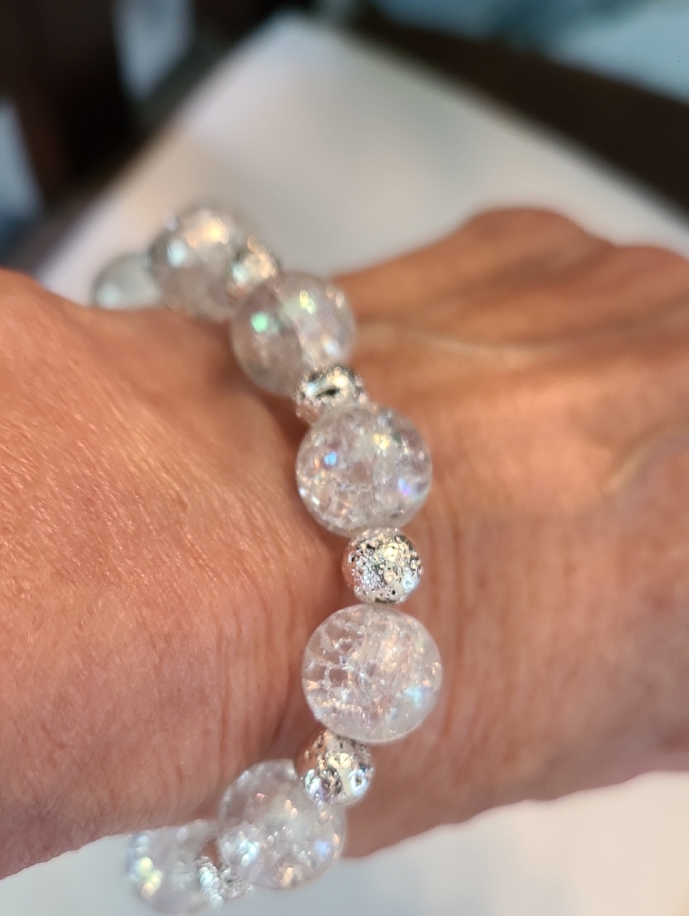 Crystal Clear Beaded Stretch Bracelet - White/Silver